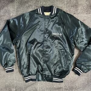 Men's Vintage 90s Auburn Arco Navy Blue White Button Up Satin Bomber Jacket Sz L